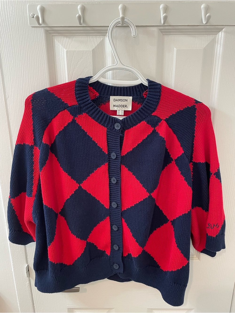 Damson Madder Edie Cotton Harlequin Cardigan Red & Blue UK 20